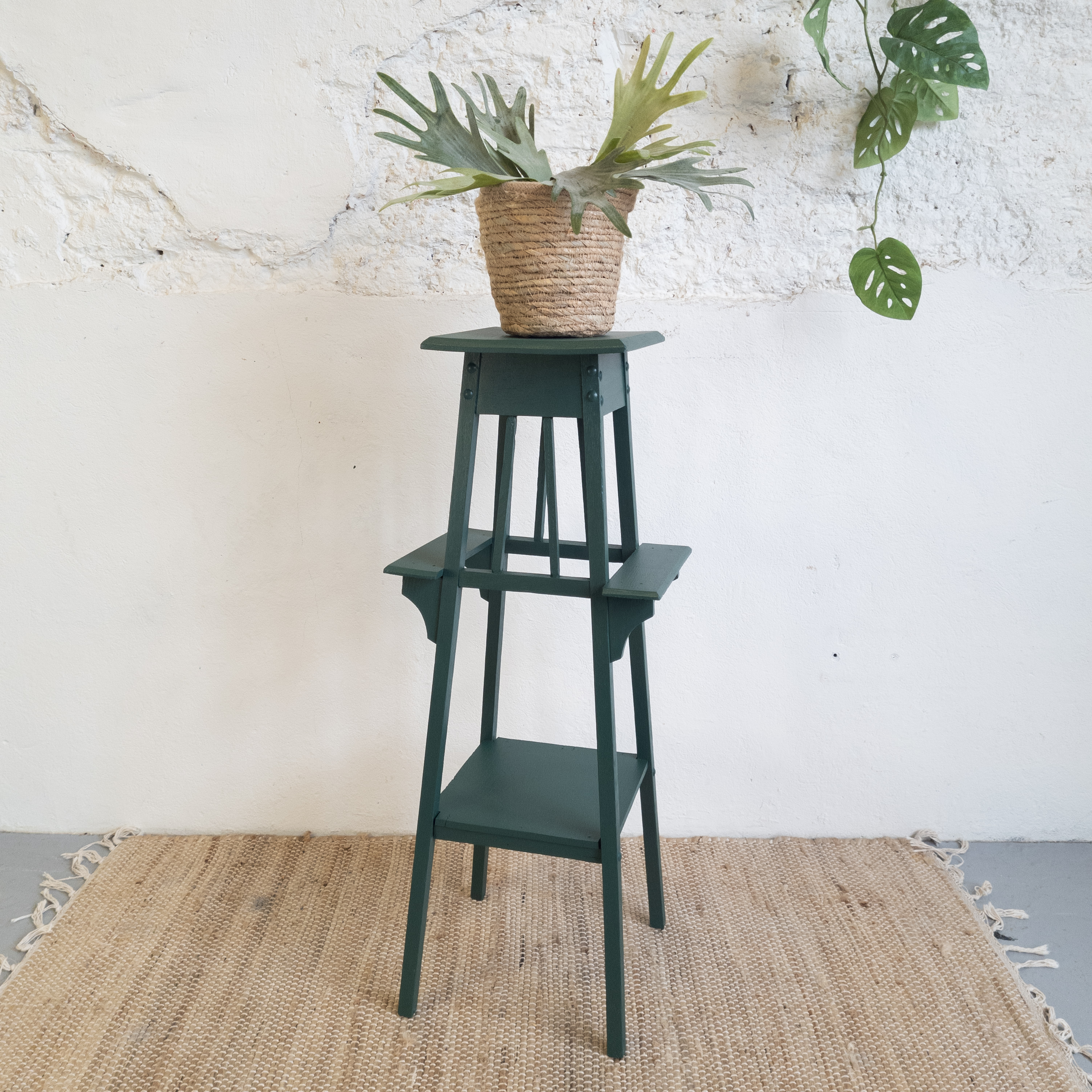 Leuke plantentafel geverfd door goed gestyled met Fusion Mineral Paint Pressed Fern flessen groen