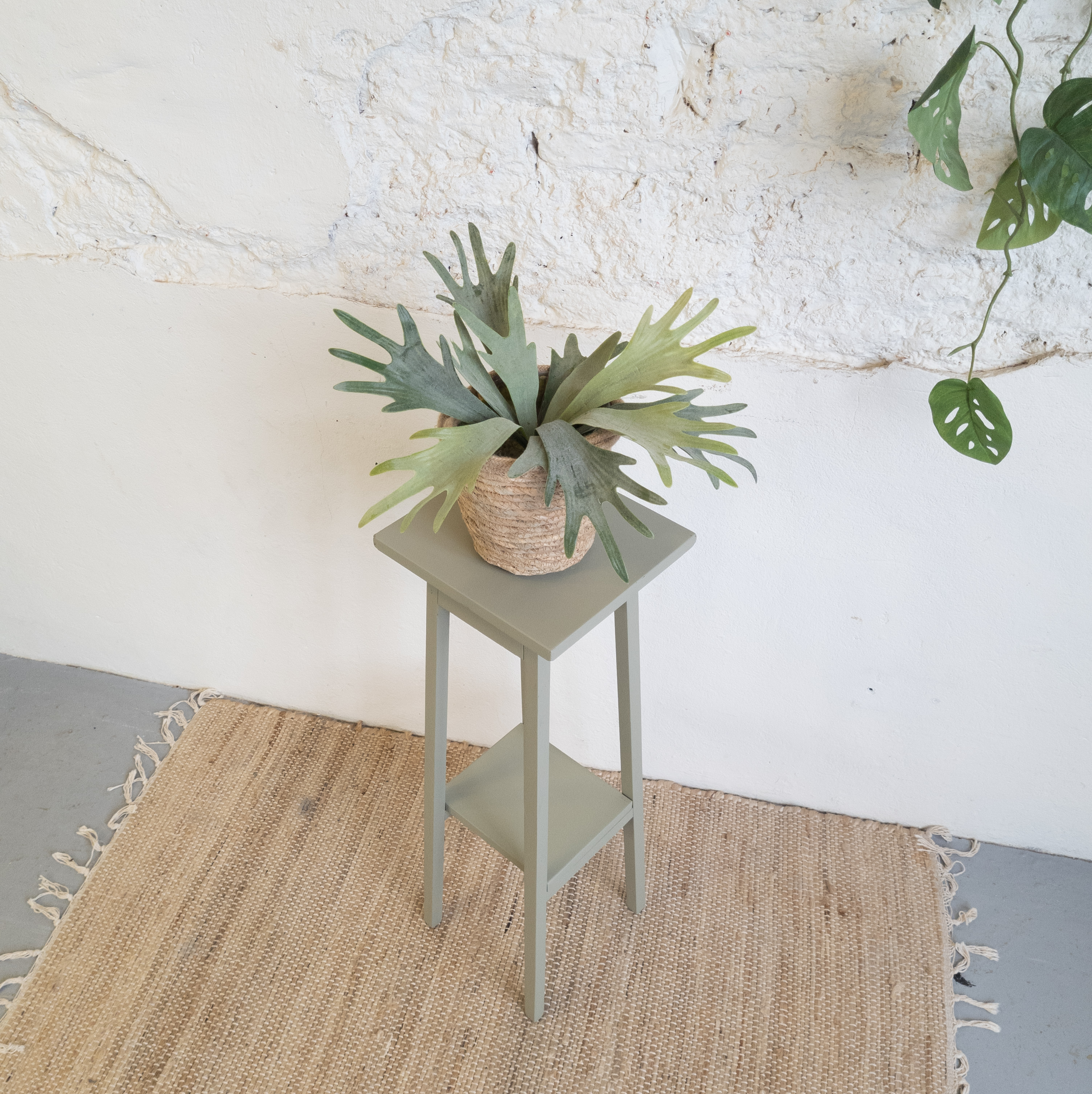 Leuke plantentafel geverfd door goed gestyled met Fusion Mineral Paint Lichen groen
