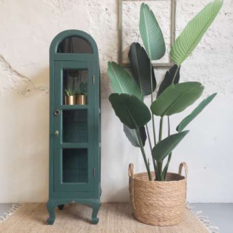 Uniek vitrinekastje geverfd door goed gestyled met Fusion Mineral Paint Pressed Fern flessen groen