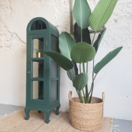 Uniek vitrinekastje geverfd door goed gestyled met Fusion Mineral Paint Pressed Fern flessen groen