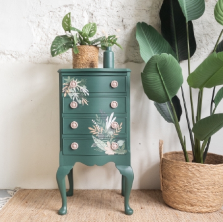 Ladekastje Pressed fern Fusion Mineral Paint. Redesign with prima transfer Greenery House opgeknapt goed gestyled brielle